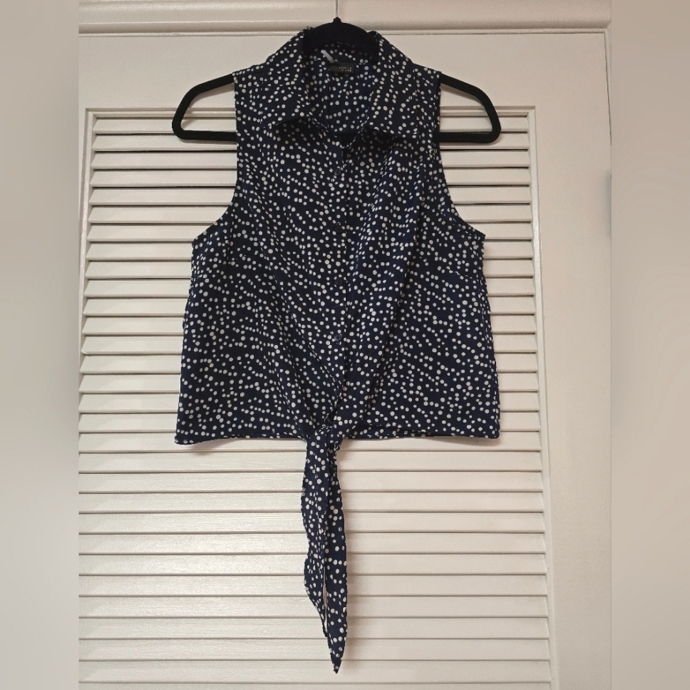 Sparkle & Fade - Navy & White Polka-Dot Sleeveless Crop Tie Top With Open…